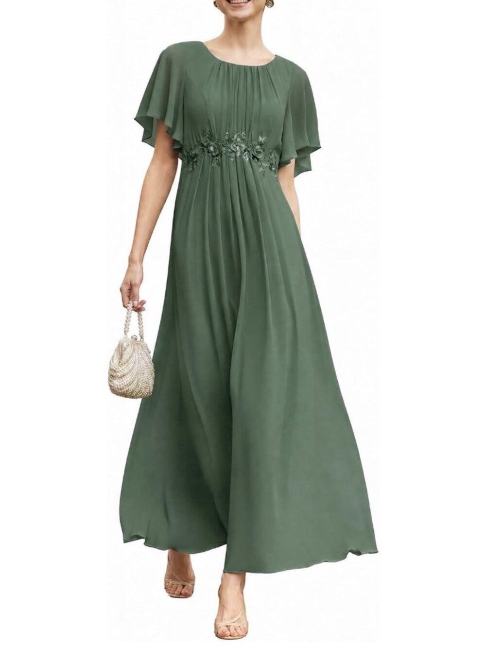 Women's 10 Lg Classic Round Neck Pleated Short Sleeves Chiffon Formal Green